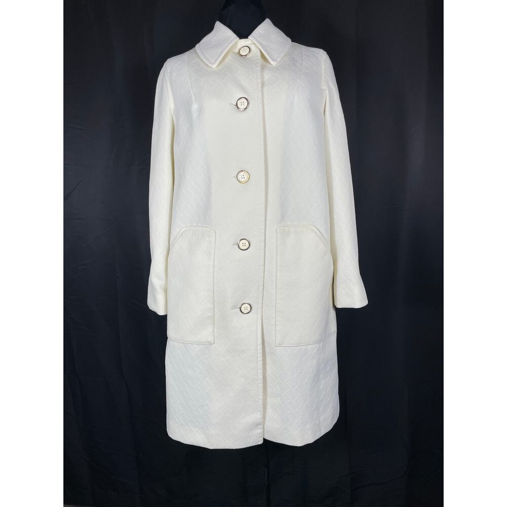 Vintage Woman's Long Coat, Basketweave Cream, Collared, Button Up,